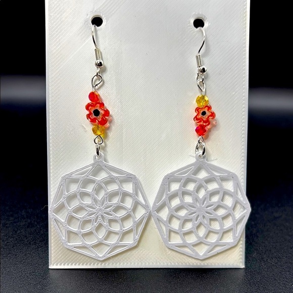 White with Orange Mandala Earrings with Beads - Picture 5 of 6
